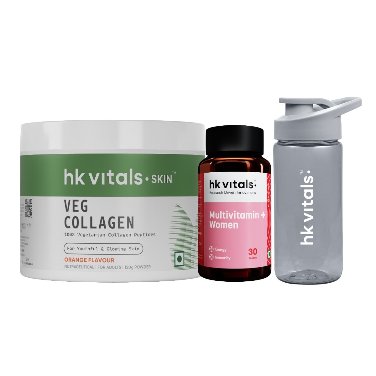 HK Vitals Multivitamin Plus Women (30 Tablets) with Veg Collagen Supplement (Orange, 120g) & Sipper Bottle | Daily Multivitamin for Women | For Energy, Joints, Skin & Hair