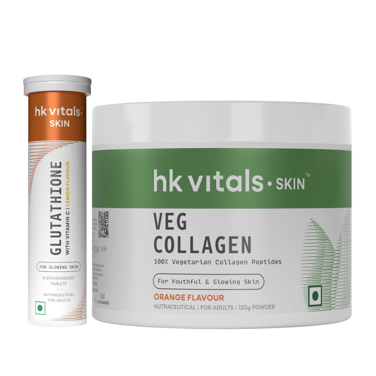 HK Vitals Glutathione (Lemon, 15 Effervescent Tablets) with Veg Collagen Supplement (Orange, 120g) | L-Glutathione Tablets with Vitamin C & E | For Skin Glow & Hydration