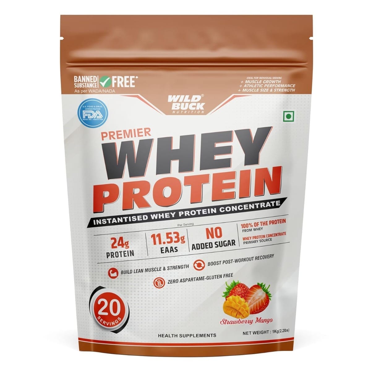 WILD BUCK Premier Whey Protein Concentrate 100%, 24g High Protein, 5.43g BCAA, 11.53g EAA & Added Digestive Enzymes for Muscle Building For Men & Women-image-12