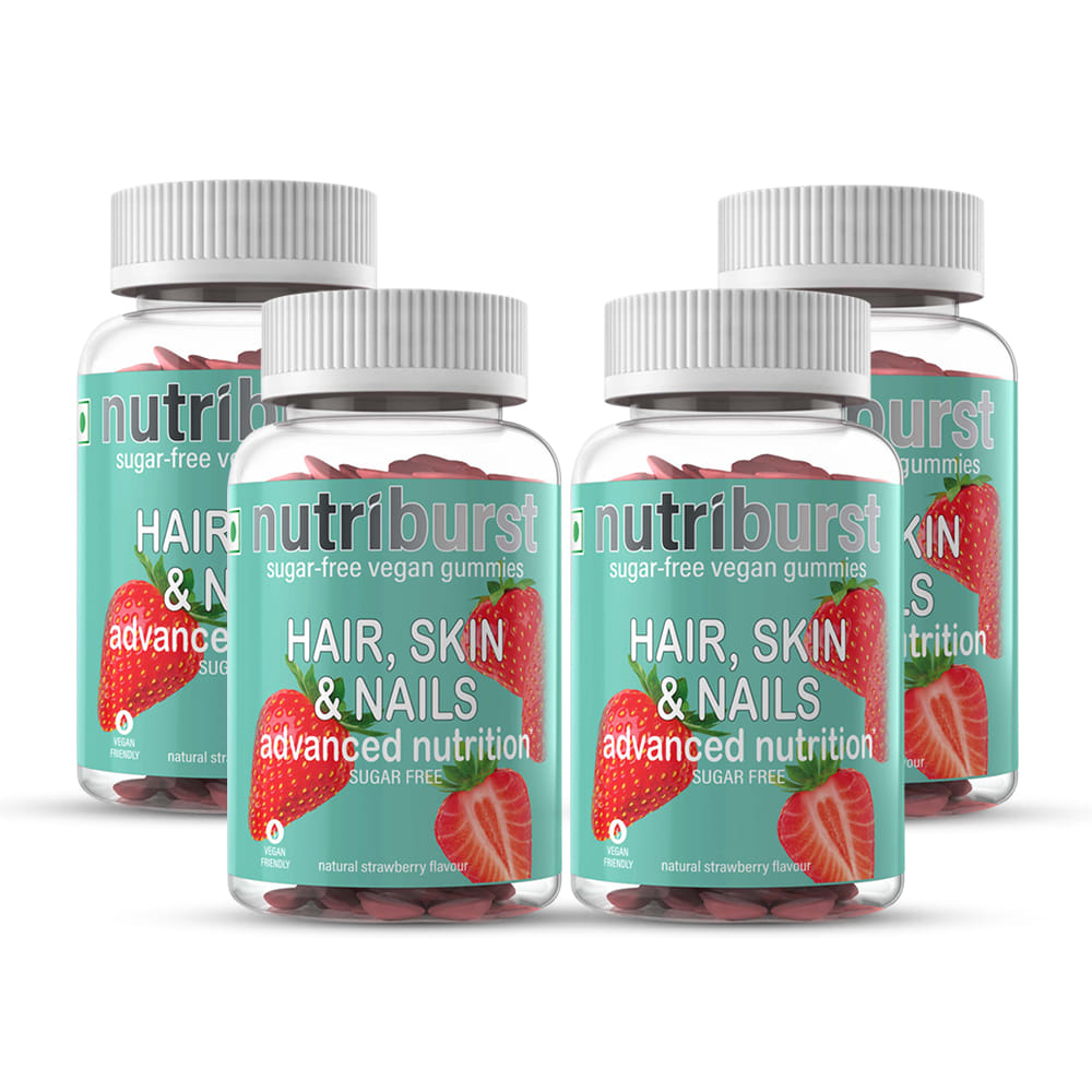 NUTRIBURST Hair, Skin & Nails | Enriched with Biotin | Healthy Skin, Hair & Nails | VEGAN AND SUGAR FREE | 60 Strawberry flavored 60 (Pack of 4) 1 hpca25685.1