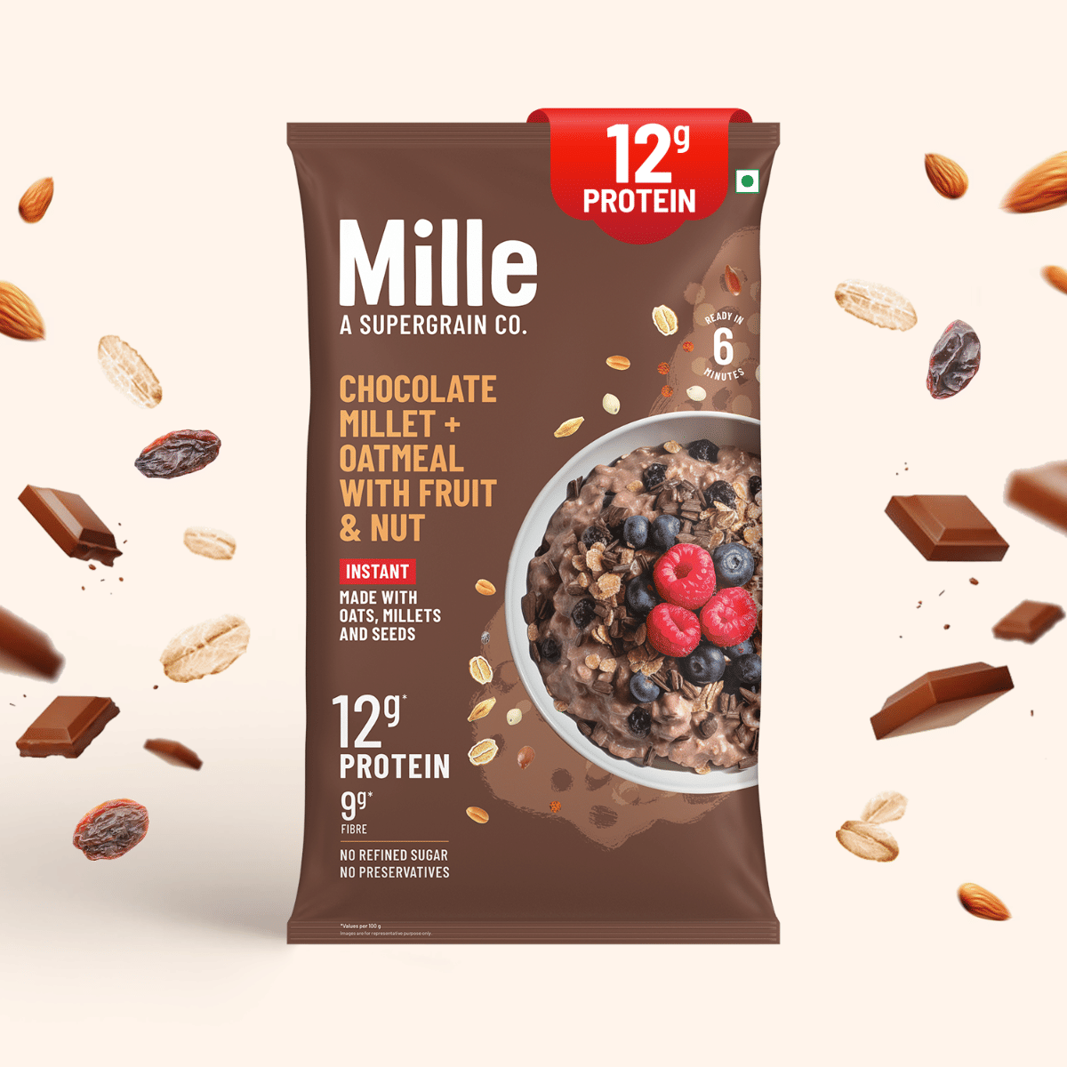 Mille High PROTEIN Chocolate Oatmeal with Fruit & Nuts | Power of 5 grains - Oats, Ragi, Jowar, Barley, Wheat | Flax seeds, Almonds, Raisins | Healthy High Fibre Breakfast Cereal | 400g-image-19