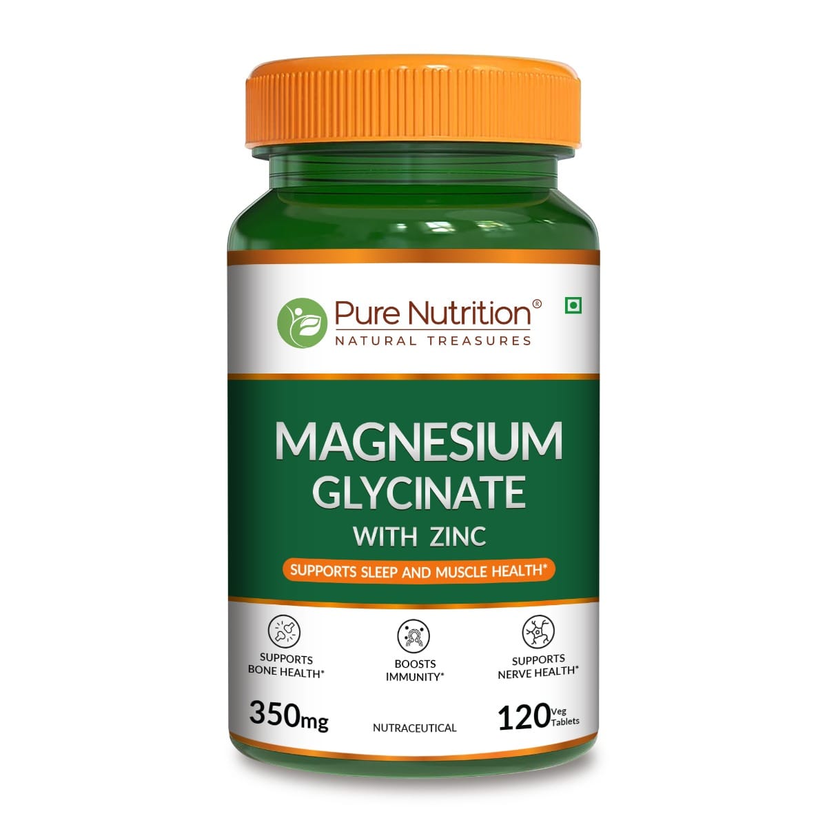 Pure Nutrition Magnesium Glycinate + Zinc - 120 Veg Tablets | Boosts Bone, Muscle & Nerve Health | Enhances Relaxation & Sleep Quality | Relieves Period Cramps| Gentle on Stomach