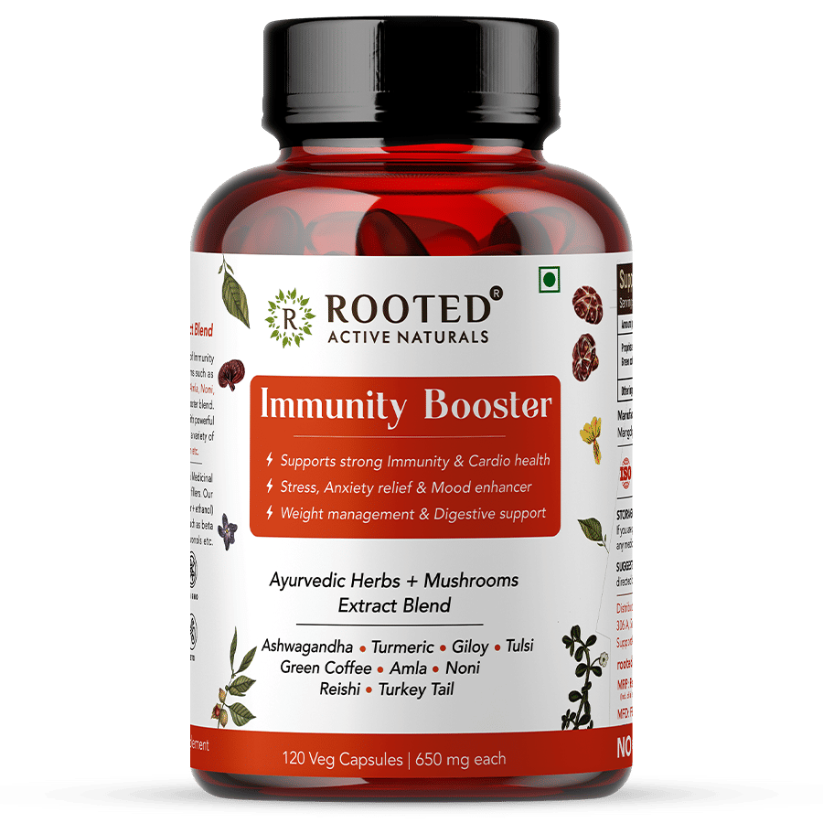 Rooted Actives Immunity Booster Blend for Immune support, Cardio & Digestive health | 120 Veg Caps of 650 mg each | Super Herbs Extract Powder-image-4