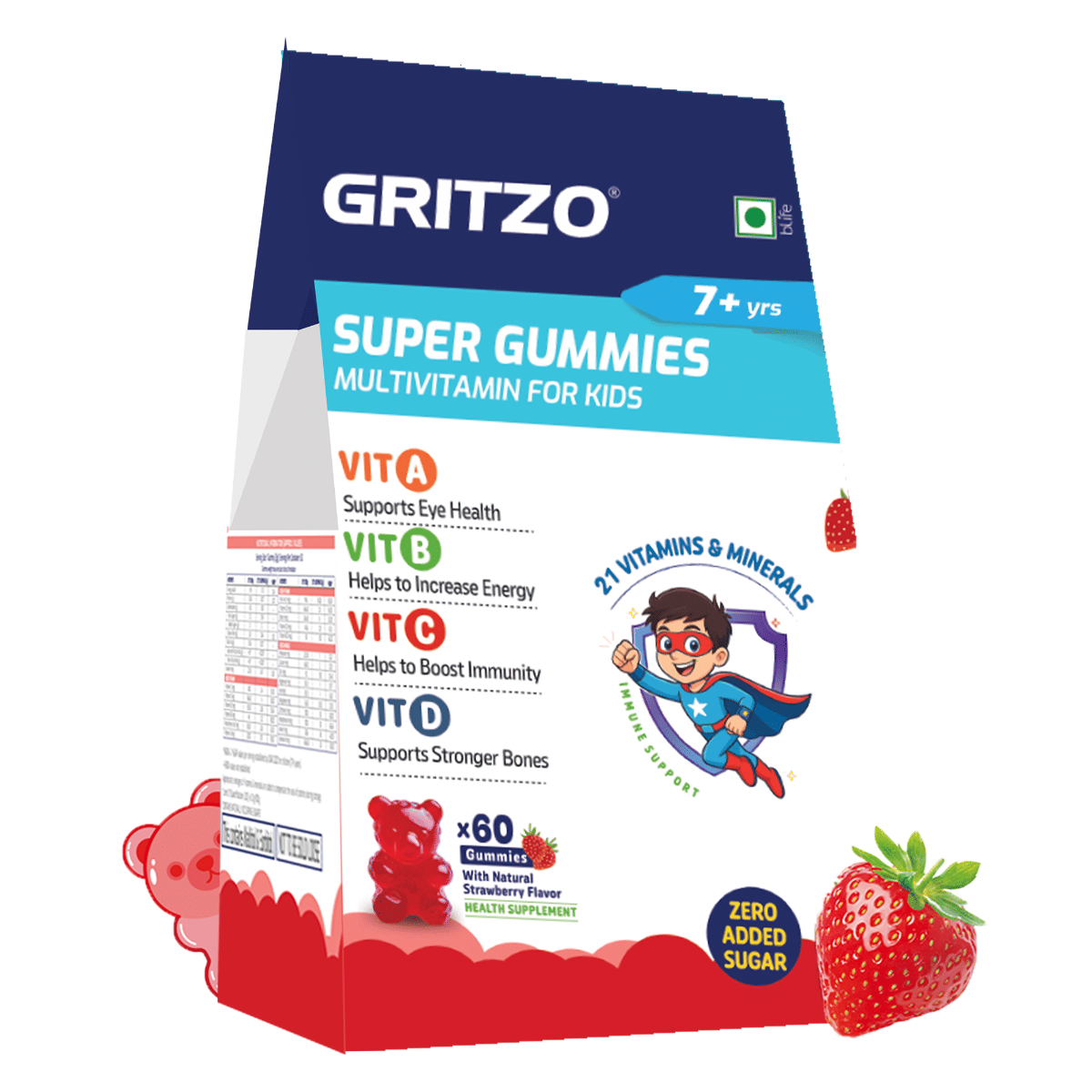 Gritzo Super Gummies Multivitamin (7+y Kids) (Strawberry Flavour, 60 Gummies) | Zero Added Sugar, 21 Vitamins & Minerals-picture-29