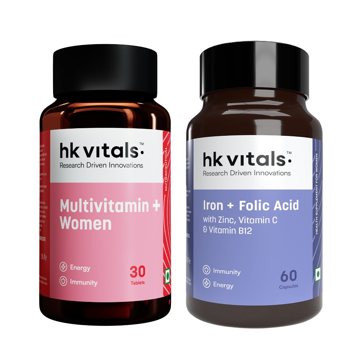 HK Vitals Multivitamin Plus Women (30 Tablets) with Iron + Folic Acid Supplement (60 Capsules) | Daily Multivitamin for Women | For Energy, Joints, Skin & Hair