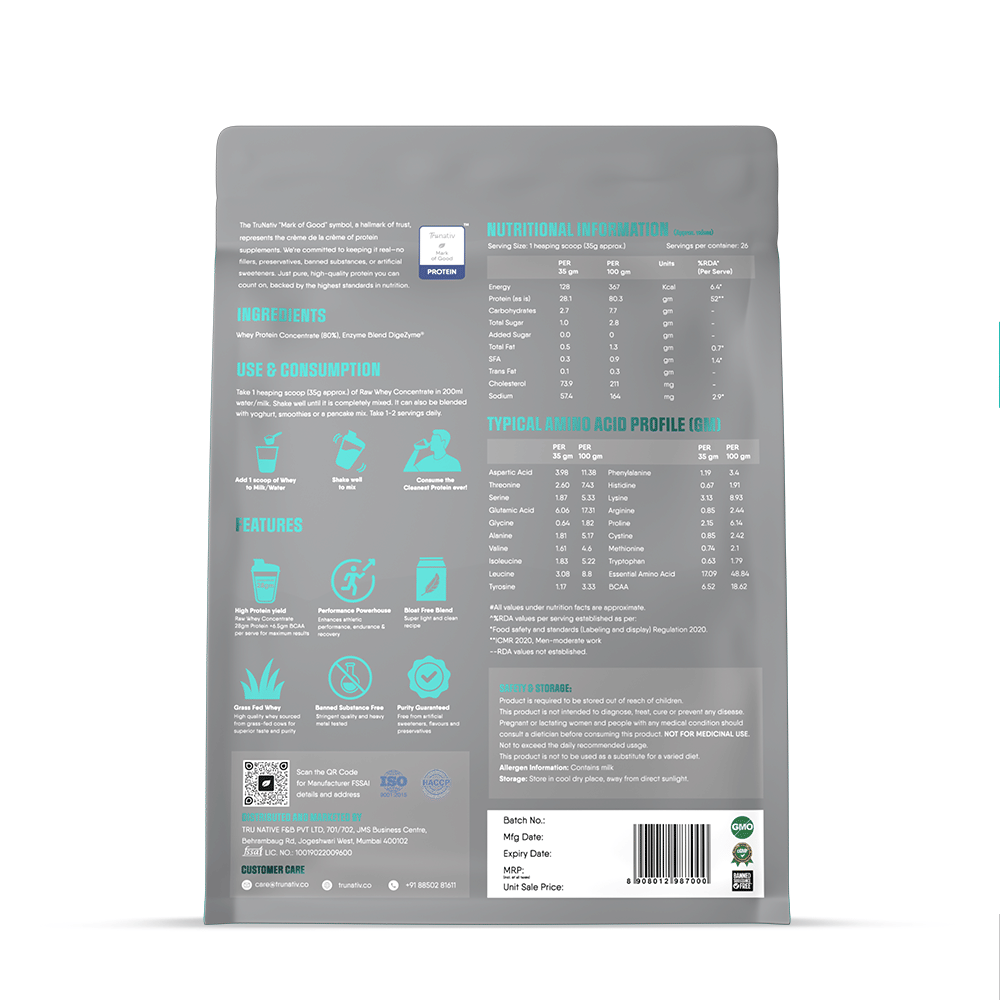 TruNativ Raw Whey Protein Concentrate 907g | 30 Serving | Unflavoured ...