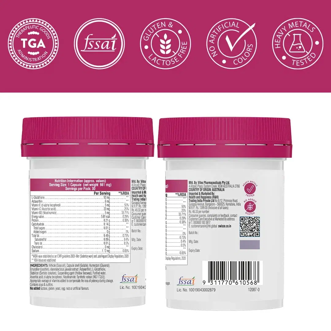 swisse astaxanthin glutathione Swisse Glutathione + | 30 Capsules | Astaxanthin | Vitamin C & E |  Nicotinamide | Bright Skin
