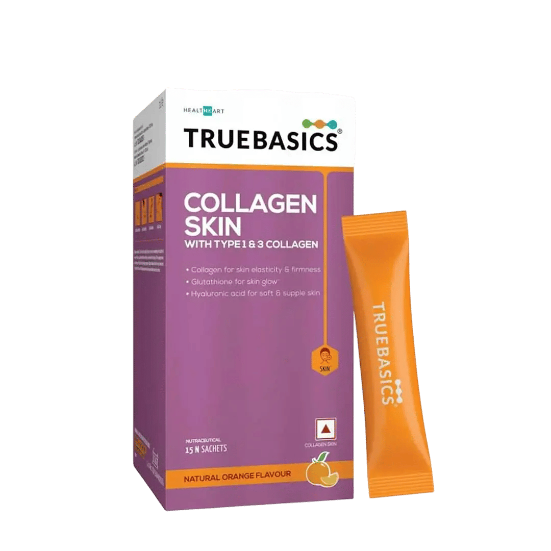 truebasics glutathione TrueBasics Collagen Skin with L-Glutathione, Biotin, Vitamin C & Vitamin E for Healthy Hair, Skin & Nails, Clinically Researched Ingredients (Orange, 15 Sachets)