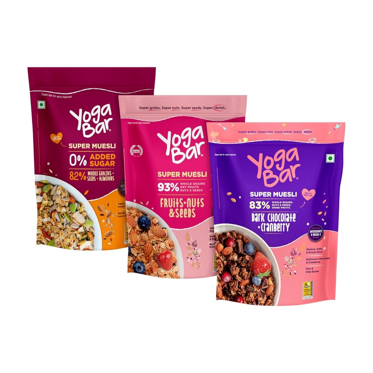 Yogabar Muesli Combo |Fruits Nuts and Seeds | Dark Chocolate Cranberry |No Sugar Super Muesli |400gm Each | Pack of 3