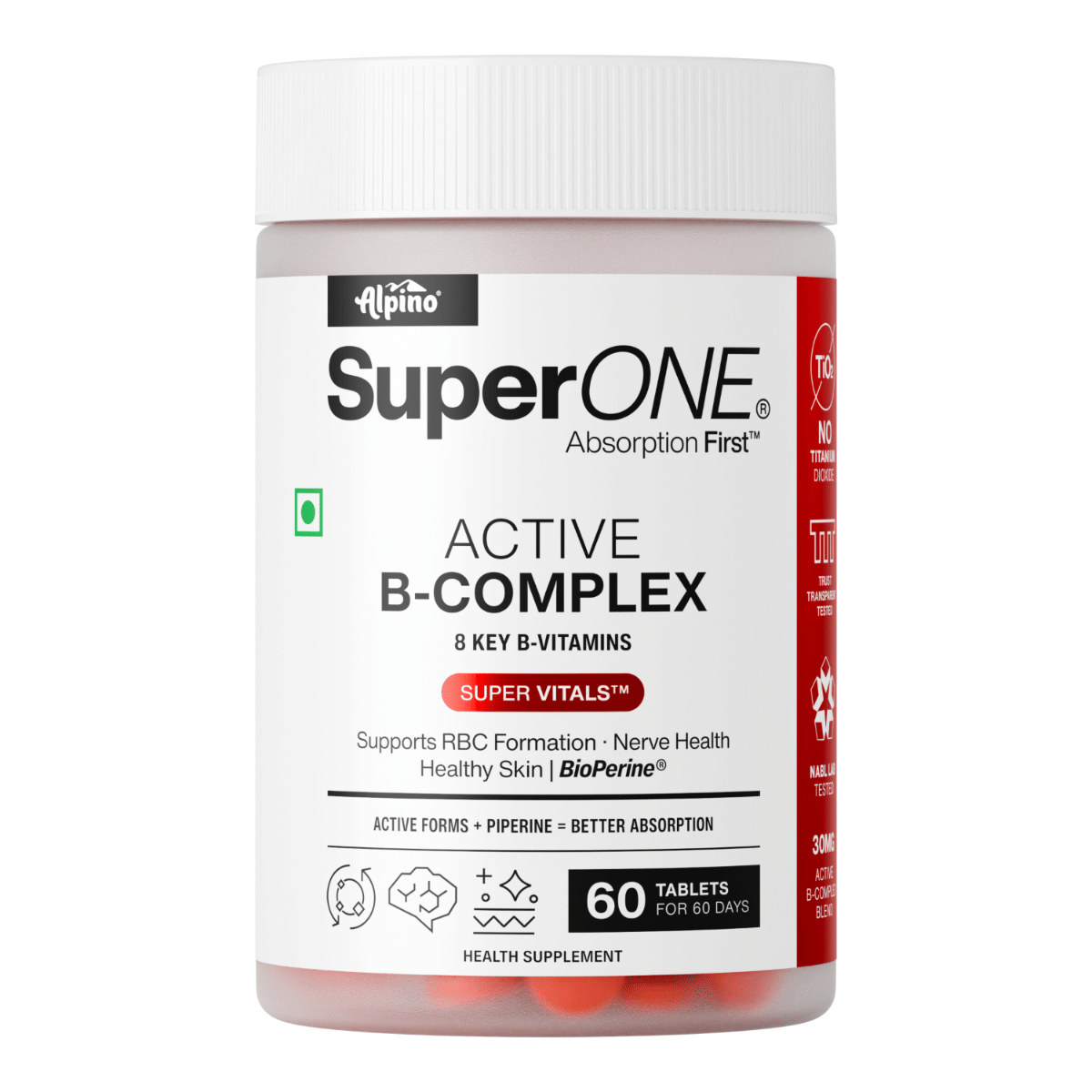 Alpino SuperONE Active B-Complex Tablets | Vitamin B Complex Supplement with B12, B6, Biotin & BioPerine® | Energy, Nerve & Skin Support | 60 Tablets-image-21