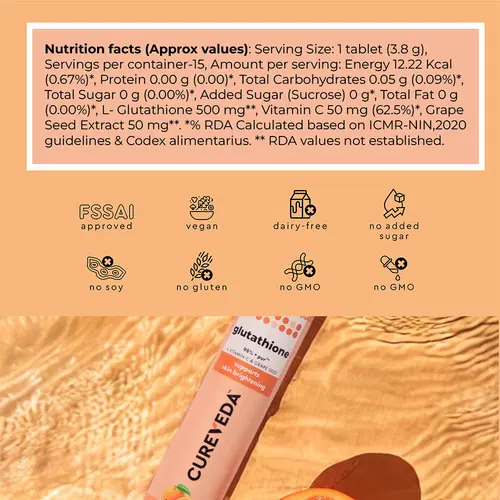 glutathione rda Cureveda Glutathione with Vitamin C 30 Tabs | Skin Brightening & Radiance Supplement | Supports Depigmentation & De-tanning