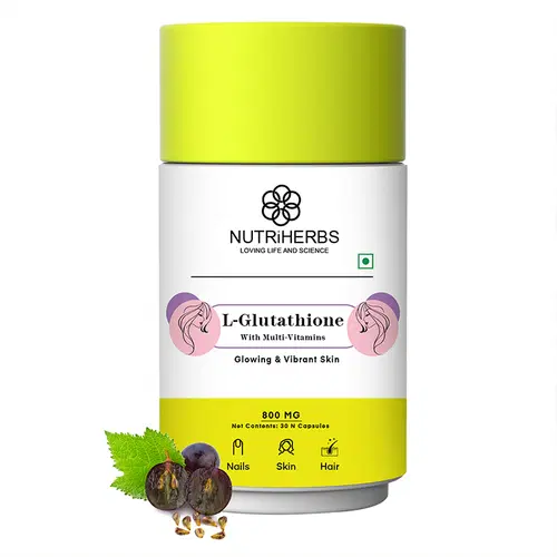 glutathione 800mg NutriHerbs L-Glutathione 800mg for Glowing & Vibrant Skin with Vitamin C & E, Biotin & Grape Seed Extract, Helps Reduce Fine Lines & Wrinkles, Strong Hair Growth, Strengthens Nails, 30 Capsules