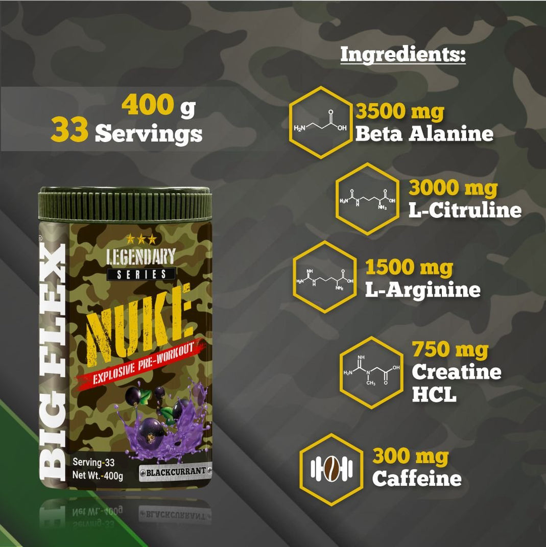 Bigflex Nuke Pre Workout Powder In Black Current Flavour, 400 Gm