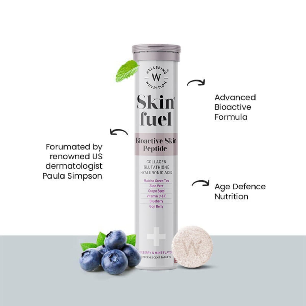 Wellbeing Nutrition Skin Fuel (15 Effervescent Tablets) | Japanese Collagen Peptides, L-Glutathione, Hyaluronic Acid & Antioxidants