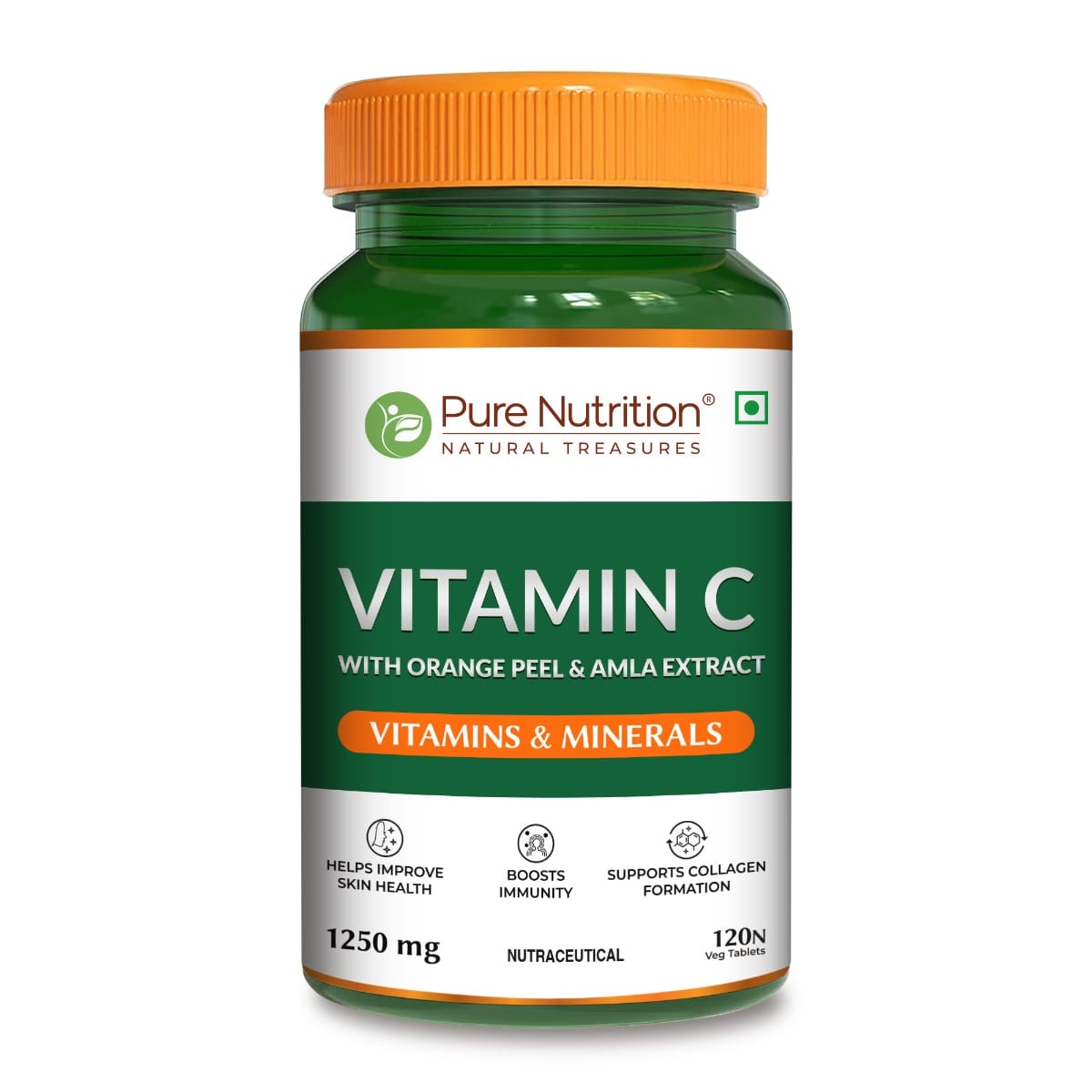 Pure Nutrition Plant-Based Vitamin C (1250mg) - 120 Veg Tablets with Amla & Orange Peel Extract | Boosts Immunity & Skin Glow | Natural Antioxidant for Men & Women | Supports Collagen Formation-image-5