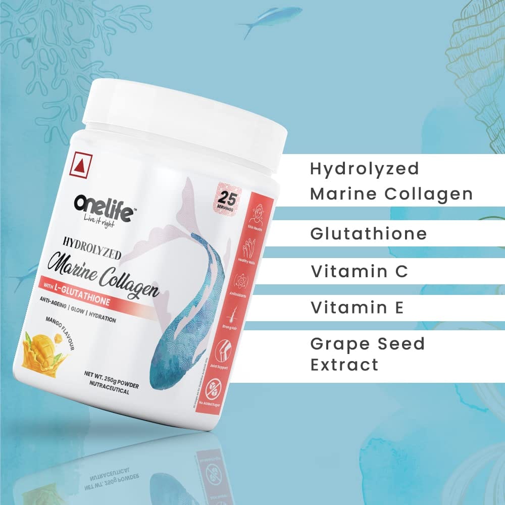 onelife glutathione Hydrolyzed Marine Collagen Powder Skin & Joint Health, 250g Mango Flavor, Hydrolyzed Marine Collagen + L-Glutathione, Bio-Available with Antioxidants & Vitamins, GMO Free, Gluten Free Intercellular antioxidant support | Glutathione,