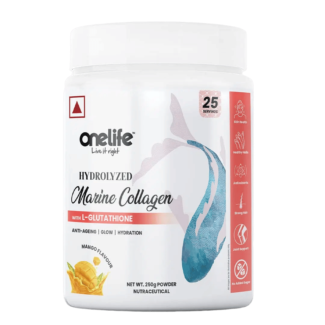 onelife glutathione Hydrolyzed Marine Collagen Powder Skin & Joint Health, 250g Mango Flavor, Hydrolyzed Marine Collagen + L-Glutathione, Bio-Available with Antioxidants & Vitamins, GMO Free, Gluten Free Liposomal Glutathione 500MG/serving - One