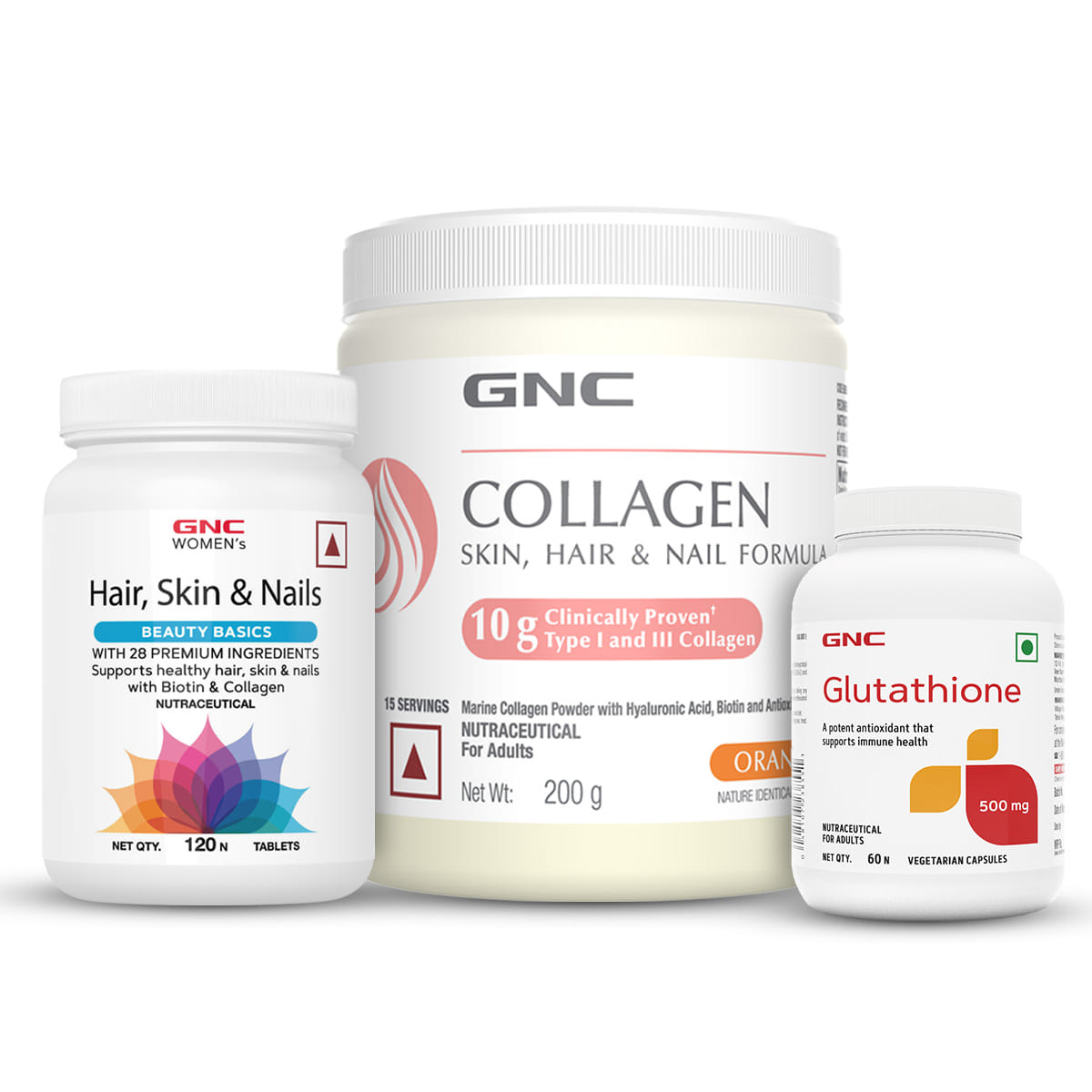 GNC Youthful Radiance Trio | Marine Collagen Powder (Orange 200 gm) | Women's Hair, Skin, and Nails (120 Tablets) + Glutathione (60 Capsules) | Reduces Fine Lines & Wrinkles
