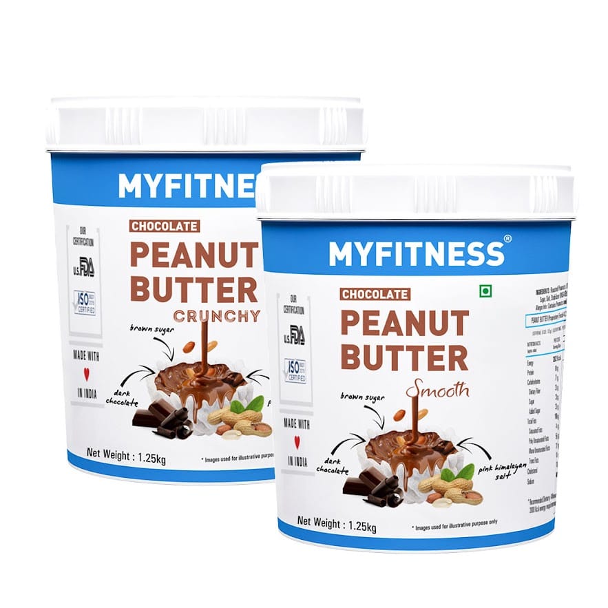 MYFITNESS Chocolate Peanut Butter Smooth 1250gm and Chocolate Peanut Butter Crunchy 1250gm Combo | 22g Protein | Tasty & Healthy Nut Butter Spread | Dark Chocolate | Smooth Peanut Butter | Zero Trans Fat-image-49