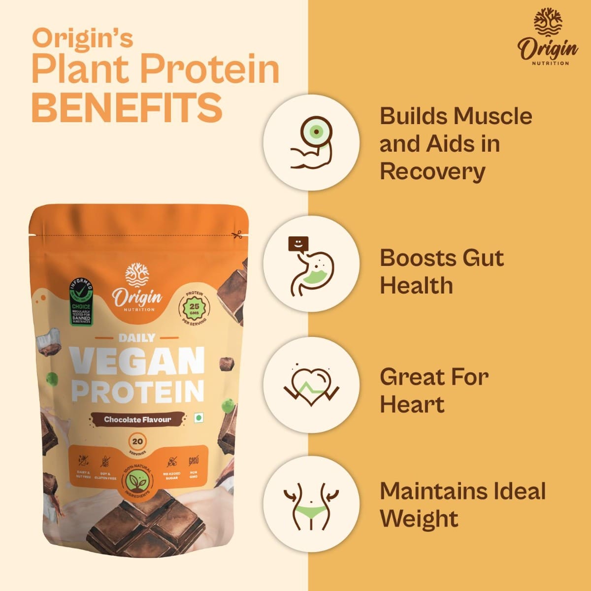 Origin Nutrition 100% Vegan Plant Protein Powder Chocolate Flavour with ...