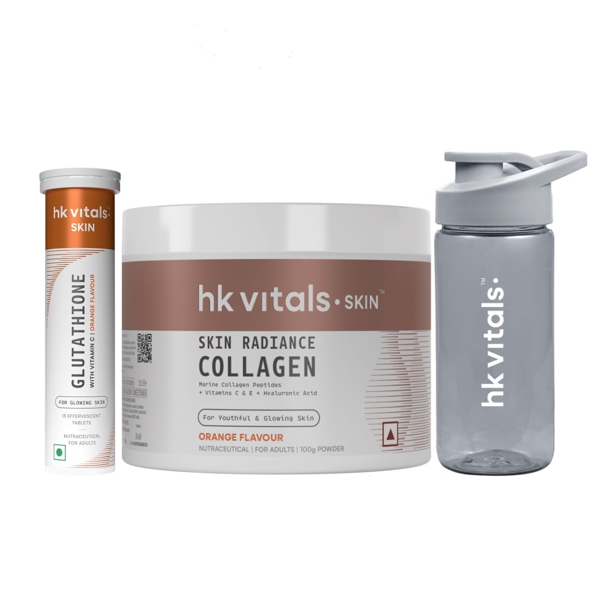 HK Vitals Glutathione (Orange, 15 Effervescent Tablets) with Skin Radiance Collagen Supplement with Biotin, Orange, 100 g & Sipper Bottle | L-Glutathione Tablets with Vitamin C & E | For Skin Glow & Hydration