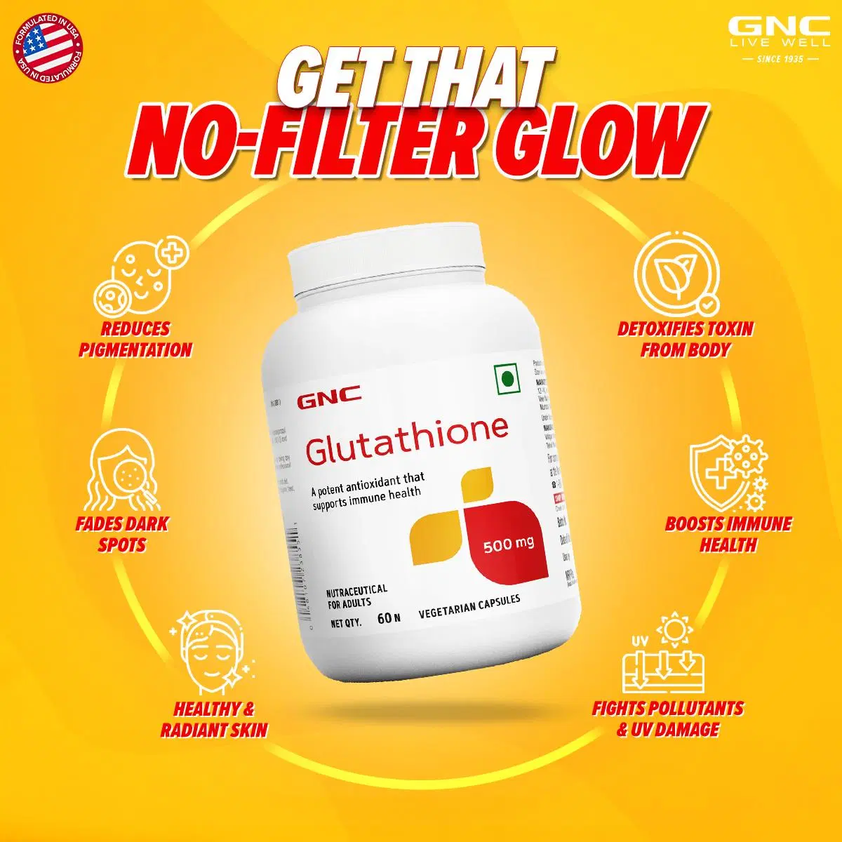 l glutathione gnc GNC Glutathione 500mg | 60 Capsules | Vegetarian Capsules | Boosts Immune |  Healthy & Radiant Skin Reduces