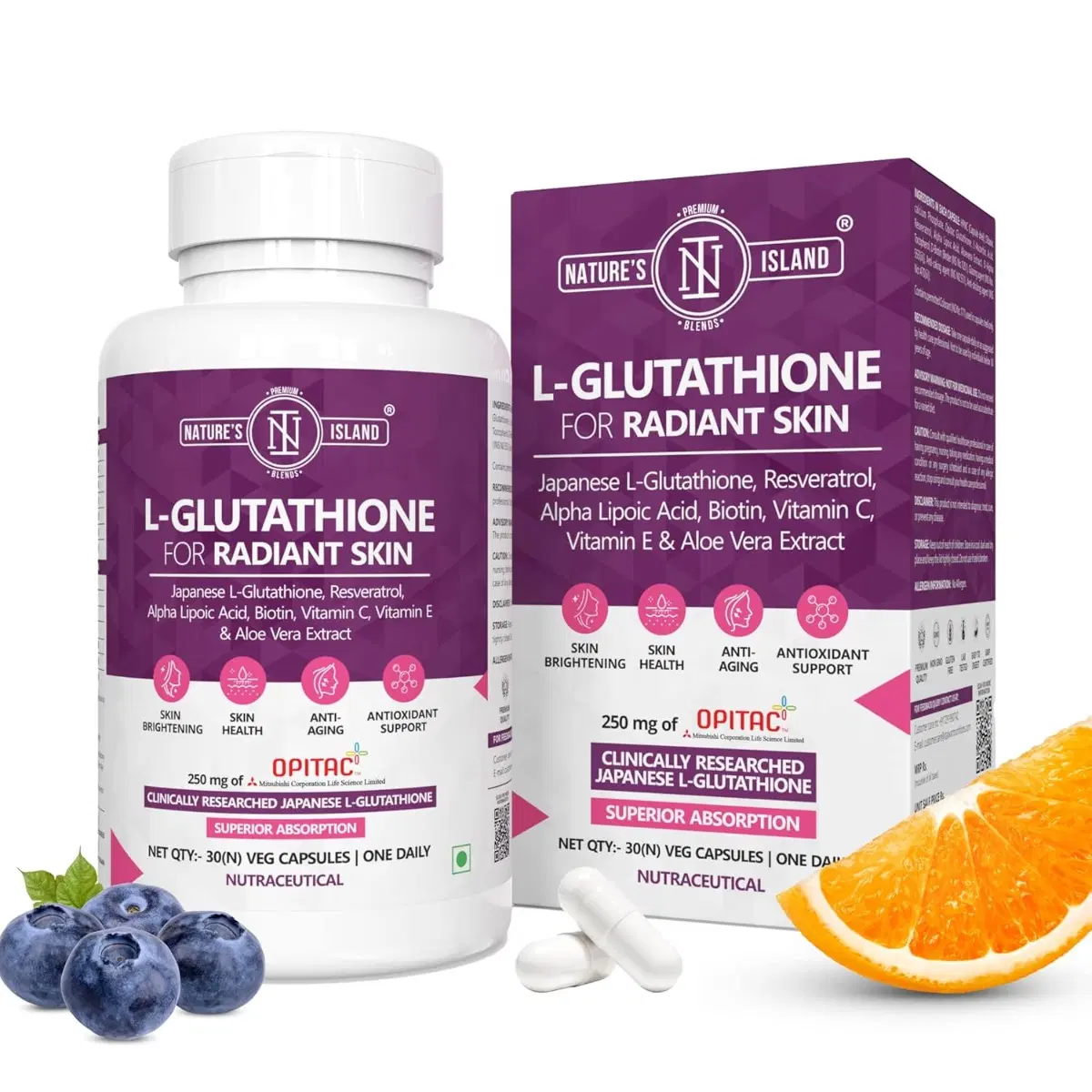 Nature's Island, Japanese L-Glutathione with Collagen Builder, Vitamin C, E, Biotin, Alpha Lipoic Acid, Aloe Vera, Resveratrol for Clear Skin, Reduces Pigmentation, Dark Spots, For Men & Women 30 Veg Capsules