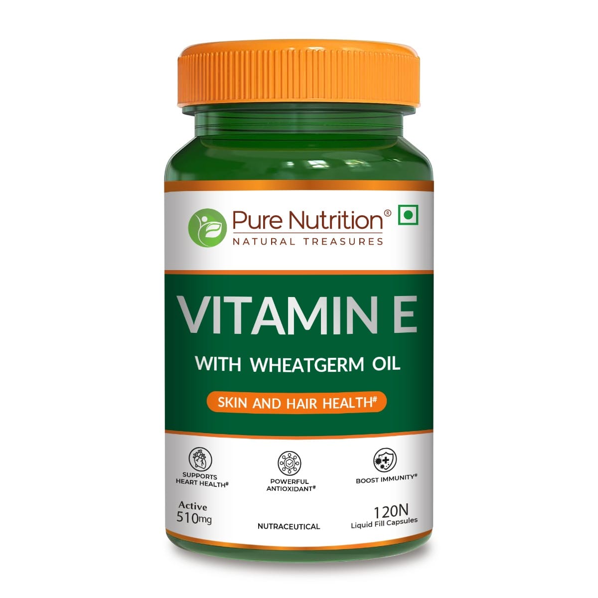 pure nutrition vitamin e (510mg) with wheatgerm oil – 120 liquid fill capsules | for healthy skin & hair | supports immunity, heart & eye health | natural antioxidant supplement