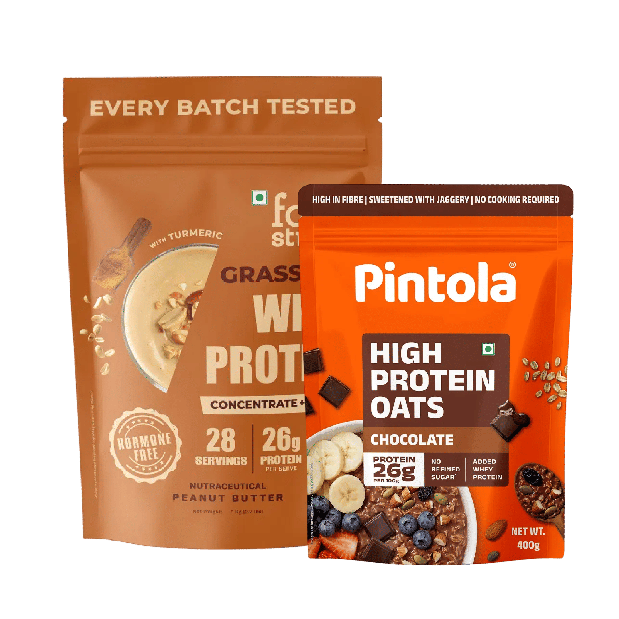 Foodstrong Whey Protein Powder (Concentrate + Isolate),100% Hormone Free Grass-Fed Whey, 26G Protein , Peanut Butter, 1KG & Pintola 26g High Protein Oats, Dark Chocolate, Oats for Weight Loss 400g Combo