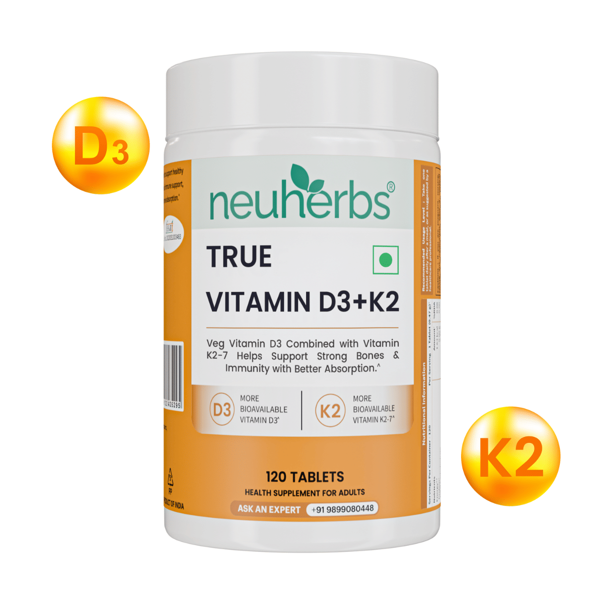 Neuherbs True Vitamin D3 + K2 - 120 Tablets | Supports Bone Strength, Immunity & Heart Health