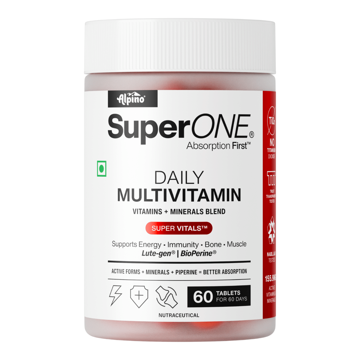 Alpino SuperONE Daily Multivitamin Tablets | Vitamins & Minerals with Zinc, Iron, Vitamin C, D & B-Complex | Energy, Immunity & Bone Support | 60 Tablets-image-40
