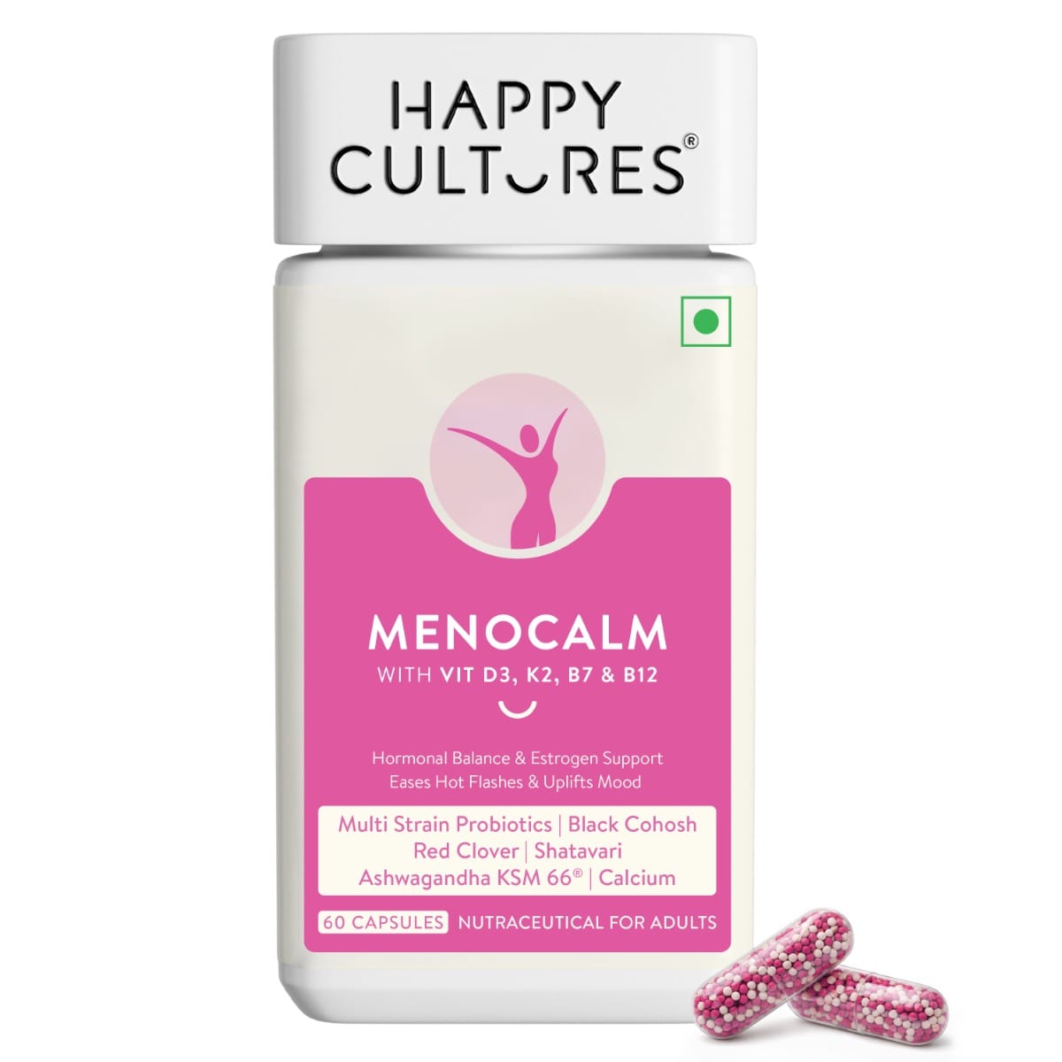 Happy Cultures Menocalm With Vit D3,K2 ,B7, & B12 60 Capsules |Shatavari|Calcium | Balck Cohosh | Red clover Multi Strain Probiotics-picture-14