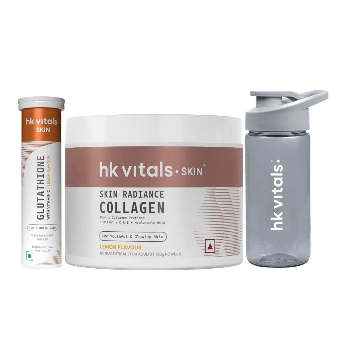 HK Vitals Glutathione (Lemon, 15 Effervescent Tablets) with Skin Radiance Marine Collagen Supplement (Lemon, 100g) & Sipper Bottle | L-Glutathione Tablets with Vitamin C & E | For Skin Glow & Hydration