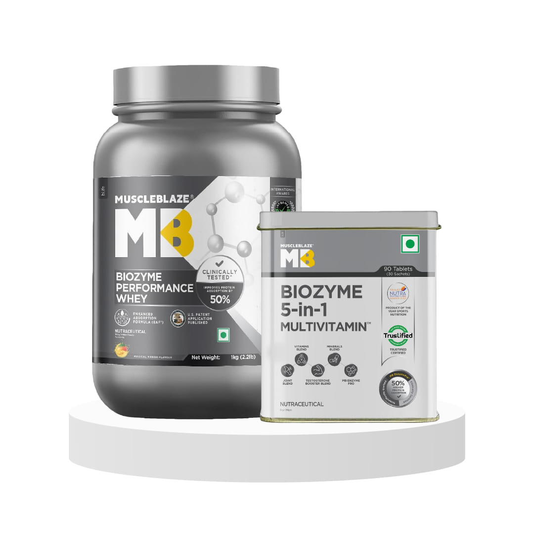 MuscleBlaze Biozyme Performance Whey Protein, Mango, 1 kg & MuscleBlaze Biozyme Daily Multivitamin at Best Price in India, 90 Tabs-image-2