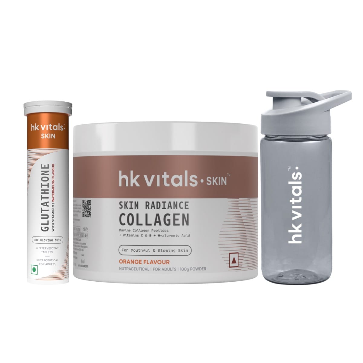 HK Vitals Glutathione (Watermelon, 15 Effervescent Tablets) with Skin Radiance Collagen Supplement with Biotin, Orange, 100 g & Sipper Bottle | L-Glutathione Tablets with Vitamin C & E | For Skin Glow & Hydration