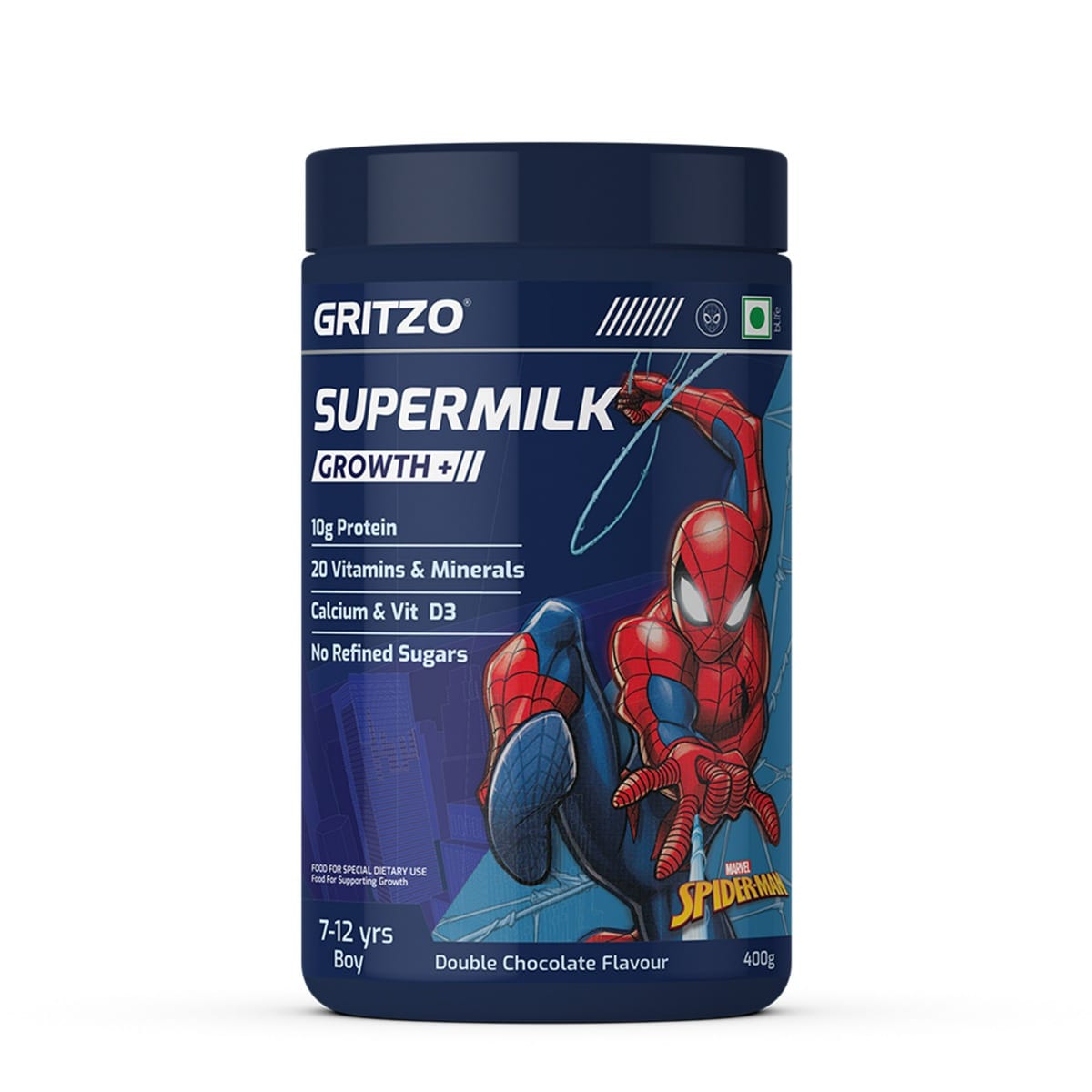 Gritzo SuperMilk Growth+ Spiderman (7-12y Boy), 10g Protein Powder (Double Chocolate, 400g) | No Refined Sugar, 20 Vitamins & Minerals-image-29