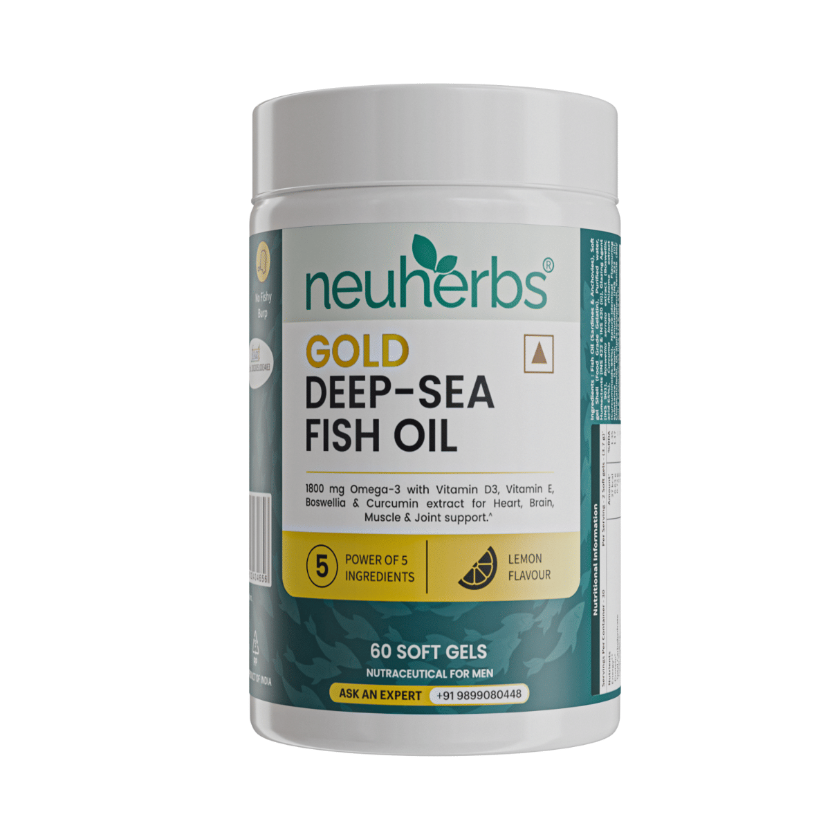 Neuherbs Gold Deep-Sea Omega 3 Fish Oil - 60 Capsules with Vitamin D3 & E | EPA - 1080mg, DHA - 720mg, Lemon Flavour-image-49