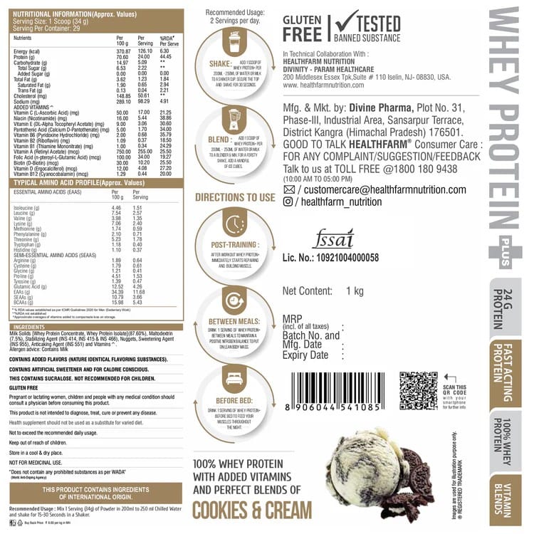 HEALTHFARM Whey protein plus with added vitamins | 58 SERVINGS | 24 G ...