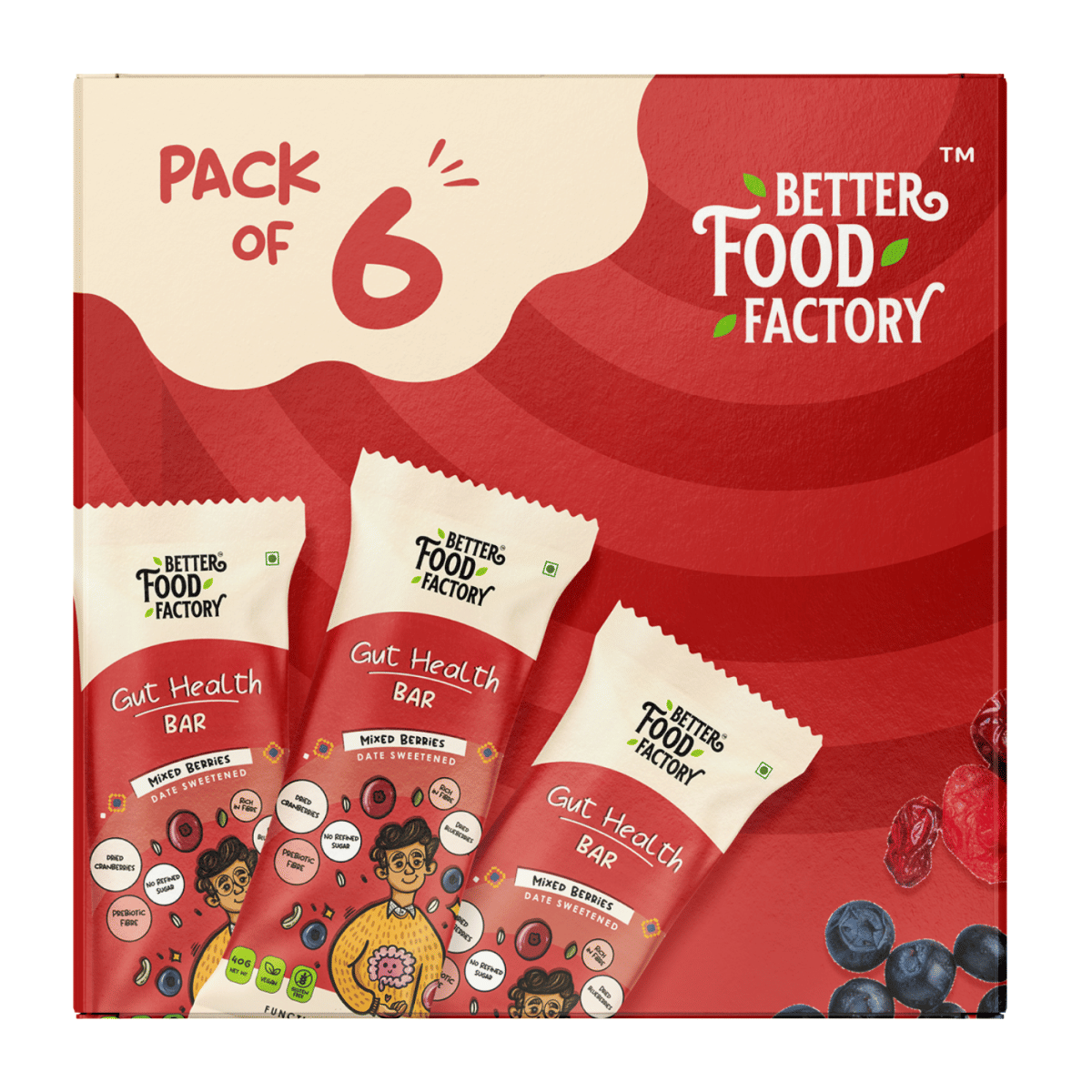Better Food Factory Gut Health (Pack Of 6 X 40G) Energy Booster Protein Bar with 4G Protein & 5G Fiber Each Healthy and Tasty Energy Bar (Date Sweetened) With No Added Sugar, No Trans Fat, No Cholesterol and No Preservertives | Mixed Berries-image-32