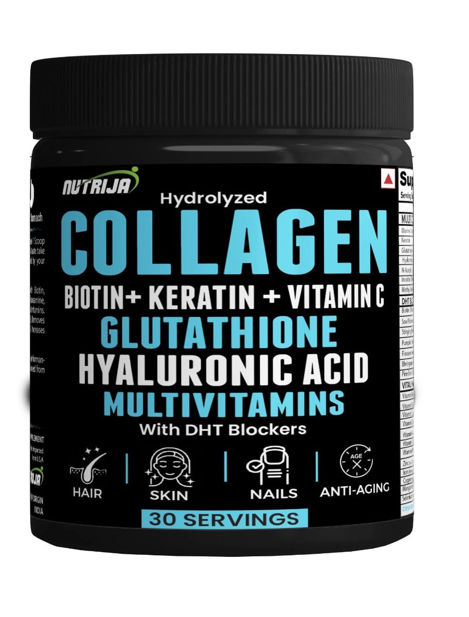NutriJa Collagen Powder with Glutathione, Hyaluronic Acid, Vitamin C, E, Zinc with DHT Blockers & Multivitamins (30 Servings (Unflavored))