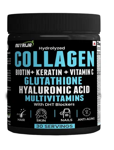NutriJa Collagen Powder with Glutathione, Hyaluronic Acid, Vitamin C, E, Zinc with DHT Blockers & Multivitamins (30 Servings (Unflavored))