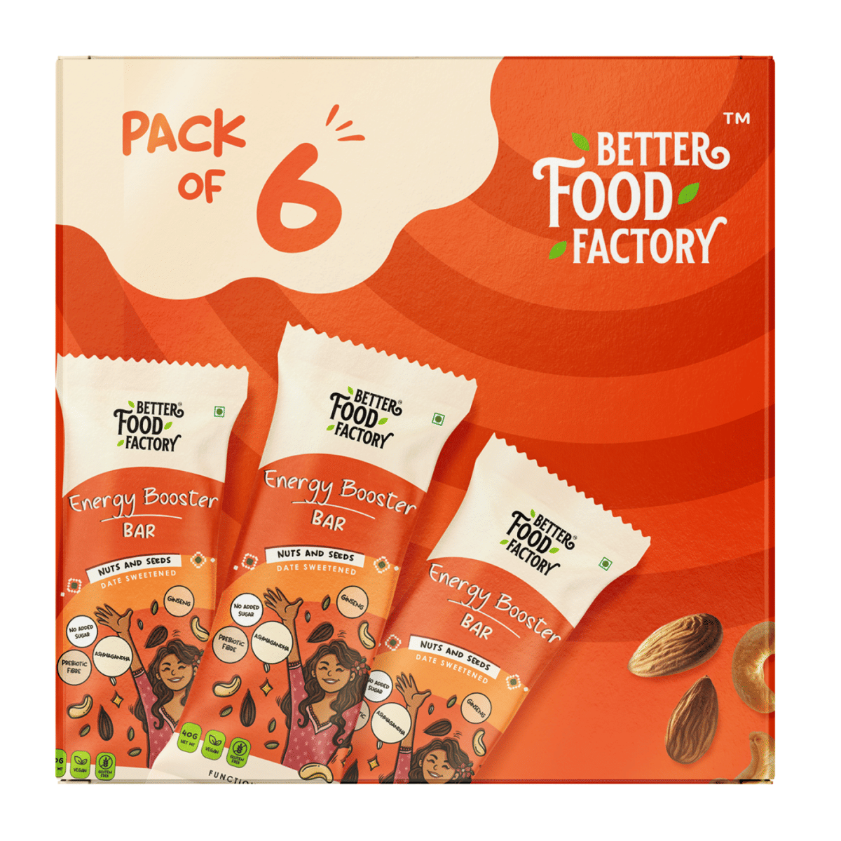 Better Food Factory Energy Booster (Pack Of 6 X 40G) Energy Bar with 4G Protein & 4G Fiber Each Healthy and Tasty Energy Bar (Date Sweetened) With No Added Sugar, No Trans Fat, No Cholesterol and No Preservertives | Nuts and Seeds-image-31