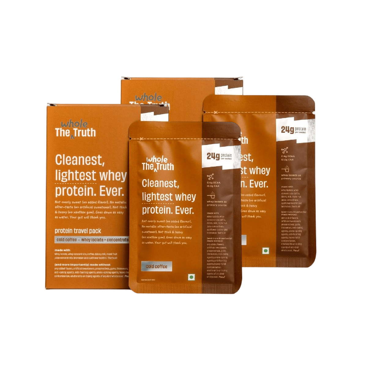 The Whole Truth Whey Protein Isolate + Concentrate | Cold Coffee 210g | 24g Protein/Sachet 6.4g BCAA | 100% Authentic No Adulteration | Clean, Light & Easy to Digest | Sample &Travel Pack | Pack of 2-image-41