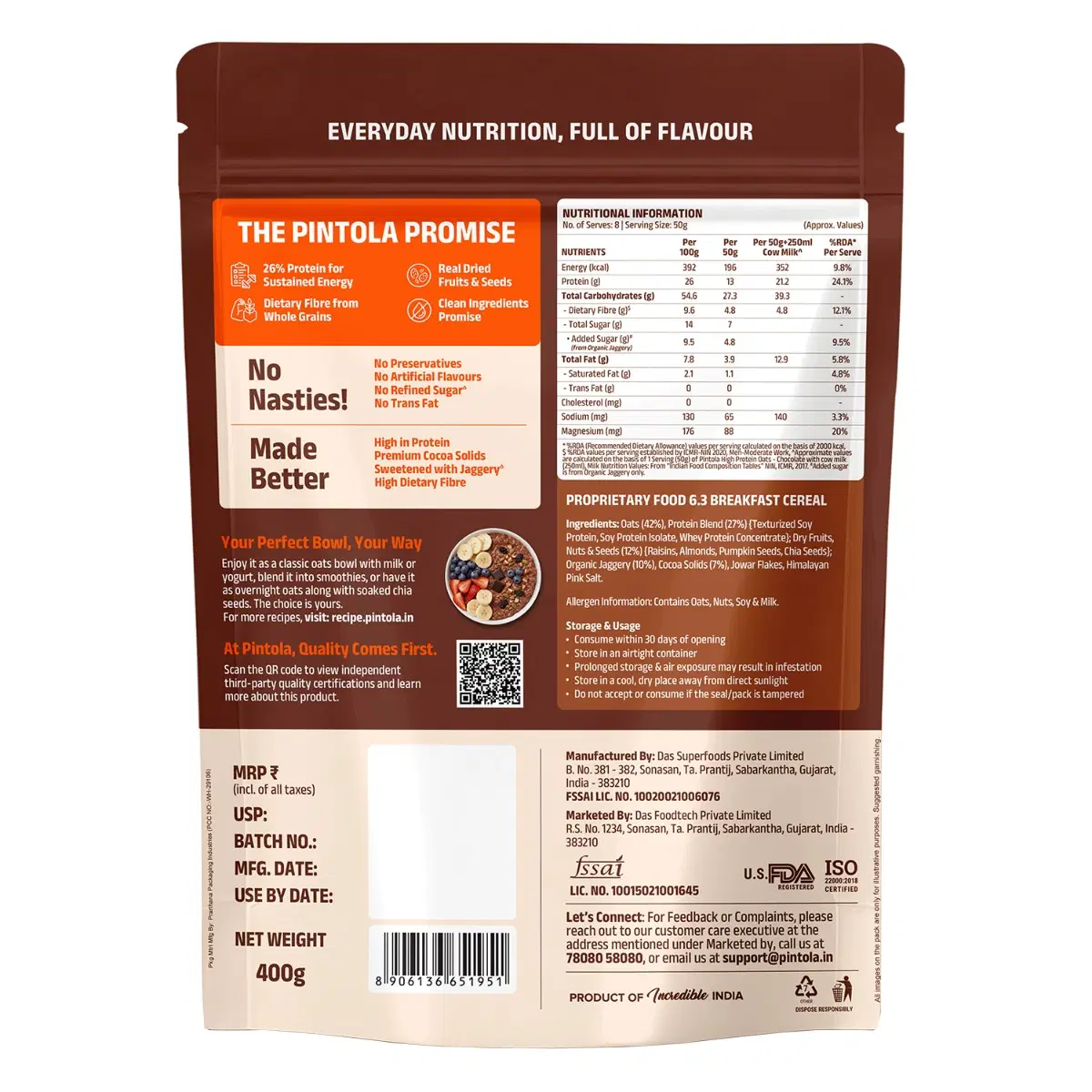 Pintola 26g Dark Chocolate Protein Oats 400g - Image 2