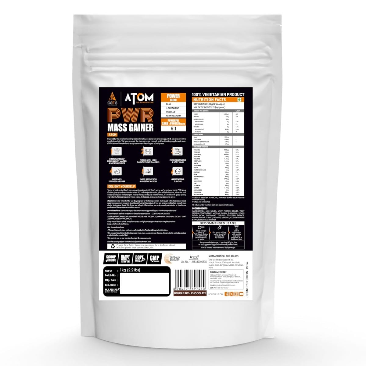 AS-IT-IS ATOM Mass Gainer 1 Kg | Pack of 13 servings | 5:1 Carb-Protein ...