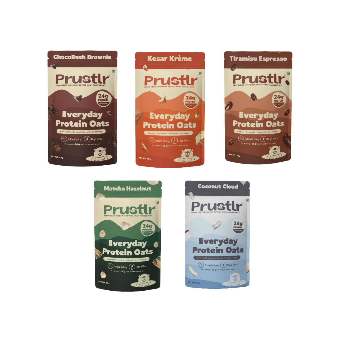 Prustlr 24g Whey Protein Oats, Discovery Pack, Gluten free & Monk fruit sweetend Pouch 60g | Pack of 5-image-31