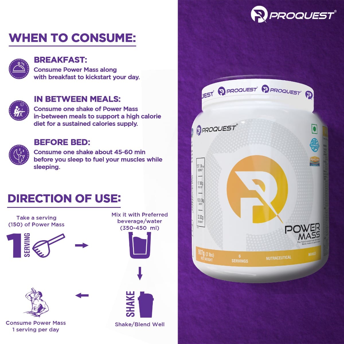Proquest Nutrition Power Mass Weight Gainer Mango Flavour 907g | With ...