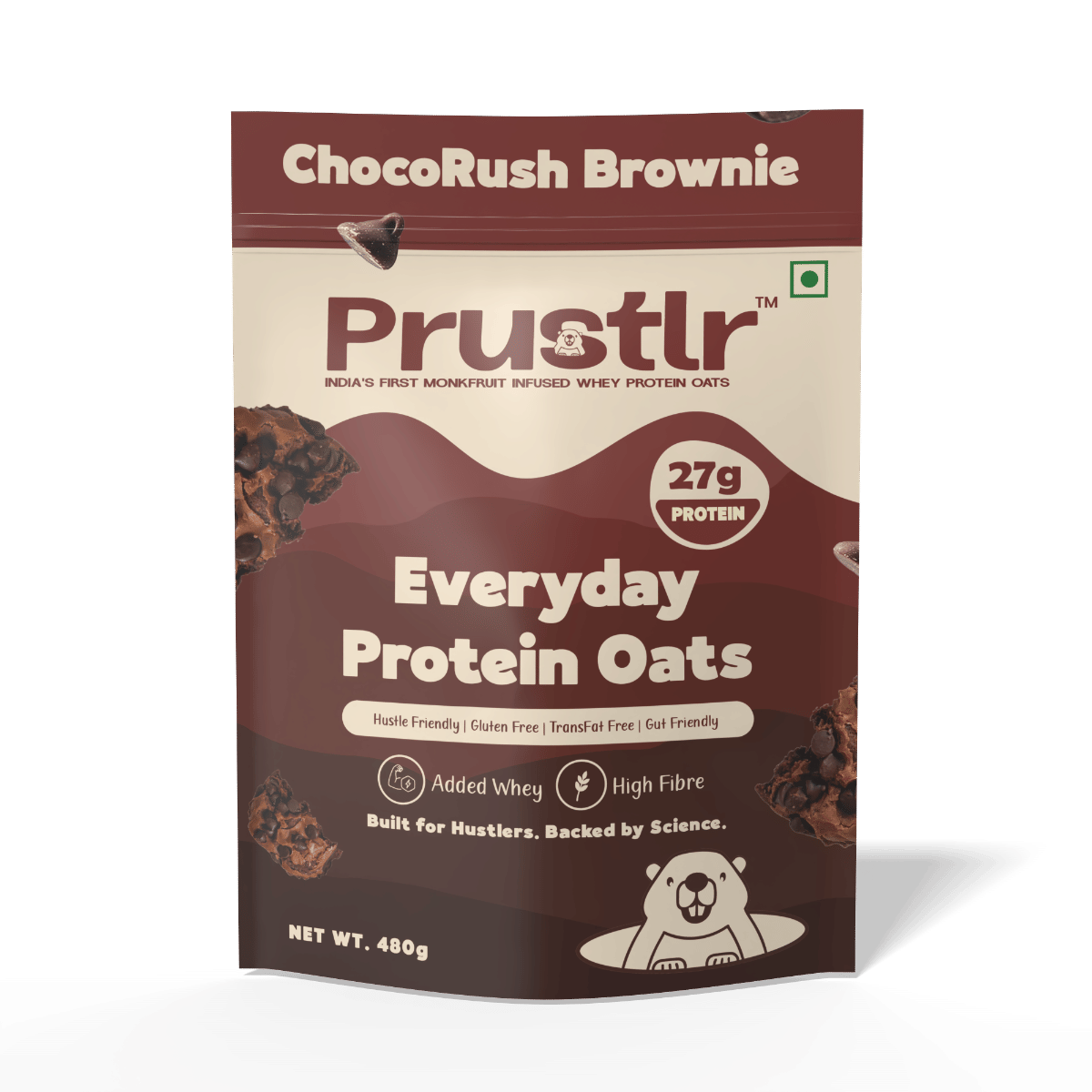 Prustlr 24g Whey Protein Oats, Chocorush Brownie, Gluten free & Monk fruit sweetend Pouch-image-41