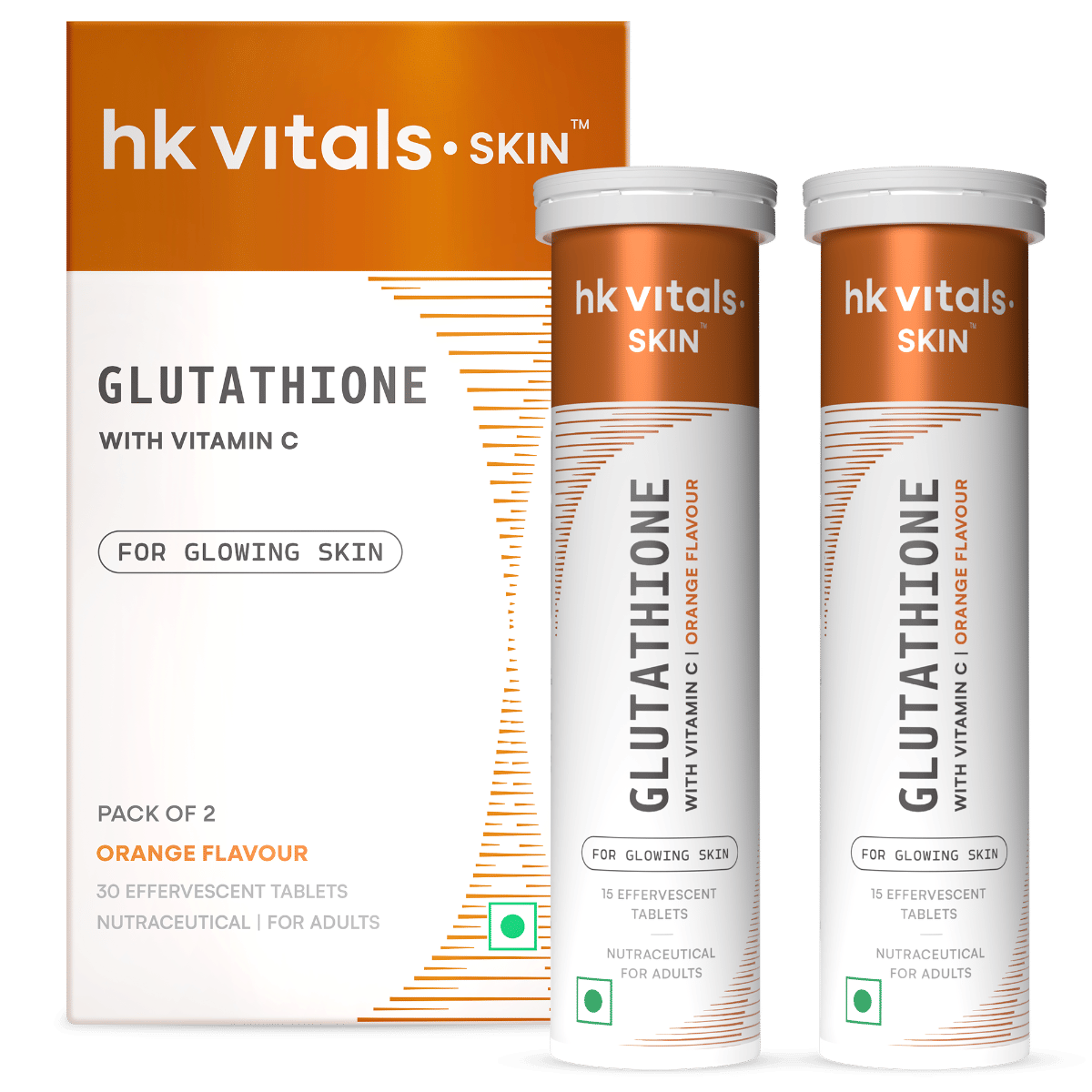 hk vitals Glutathione, Orange, 15 Effervescent Tablets (Pack of 2) | L- Glutathione with Vitamin C & E for Skin Glow & Hydration