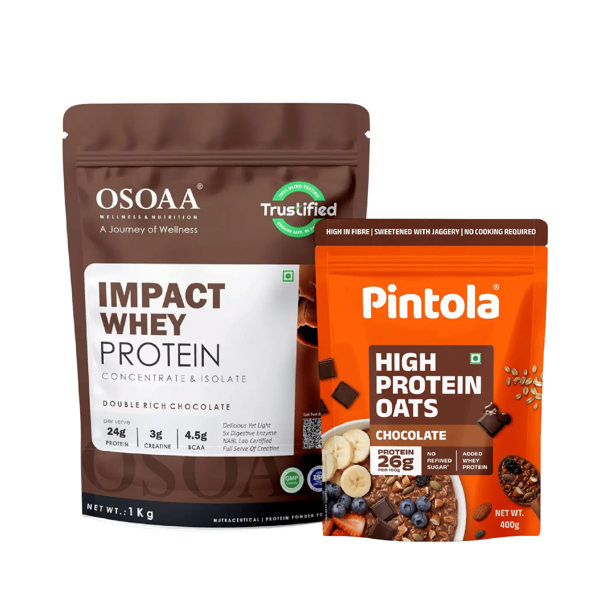 OSOAA Impact Whey Protein Powder Double Rich Chocolate 1kg, 24g Protein, 3g Creatine + Pintola 26g High Protein Oats Dark Chocolate 400g - Combo-image-1